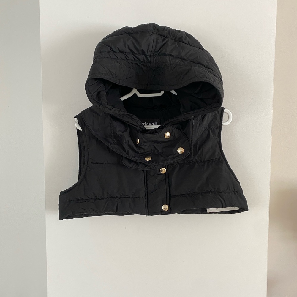 Just Cavalli Black Hooded micro-Vest crop quilted puffer down sickie